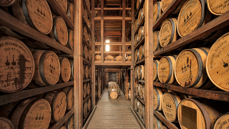 Barrels of Bourbon in a whiskey distillery