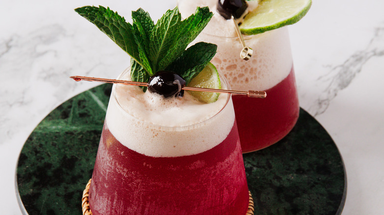 Focus on mint and cherry garnish