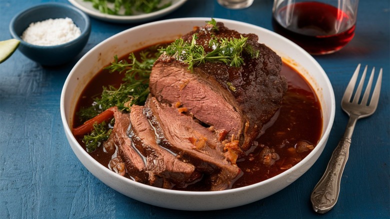 Pot roast in white bowl