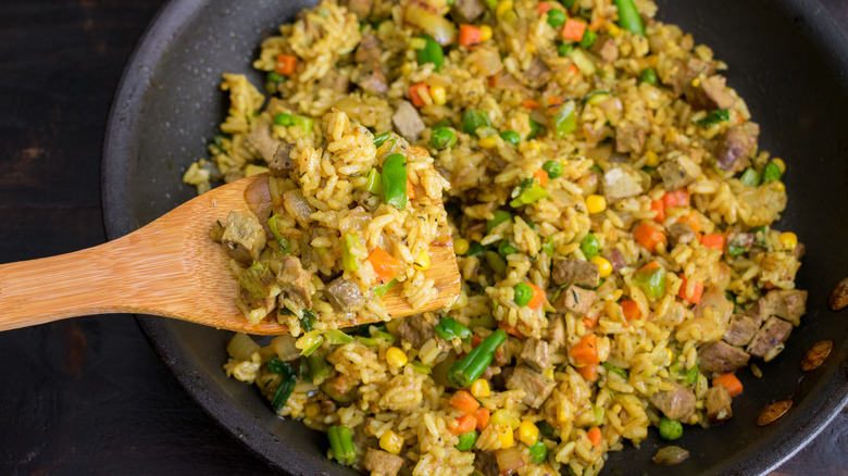 Nigerian fried rice in a pan