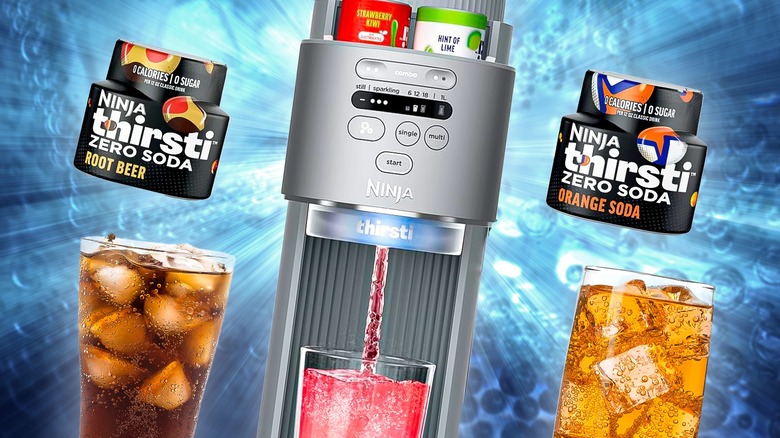 Ninja Thirsti Machine is displayed with zero-sugar additives and the drinks in glasses.