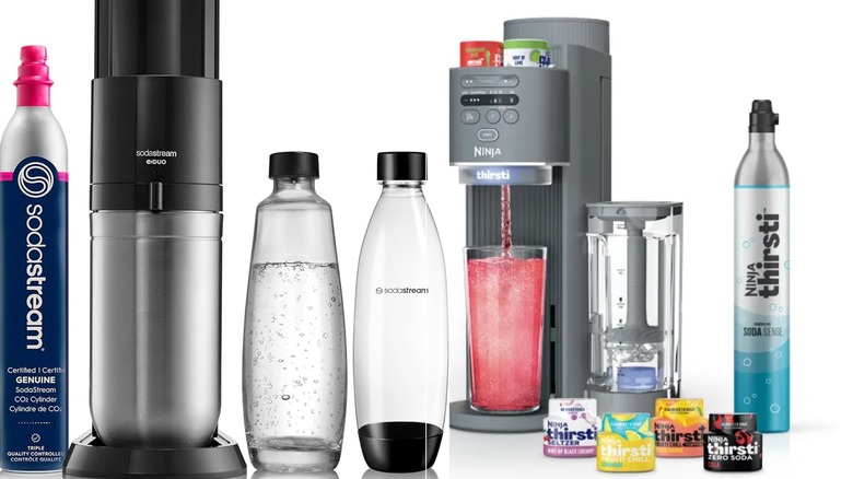 A SodaStream Machine sits next to a Ninja Thirsti Max machine.