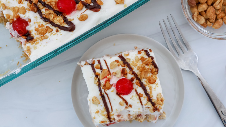 overhead shot of no-bake banana split cake