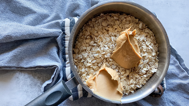 oats peanut butter in saucepan