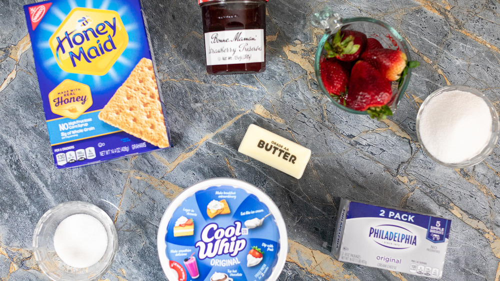 All the ingredients for no-bake strawberry cheesecake