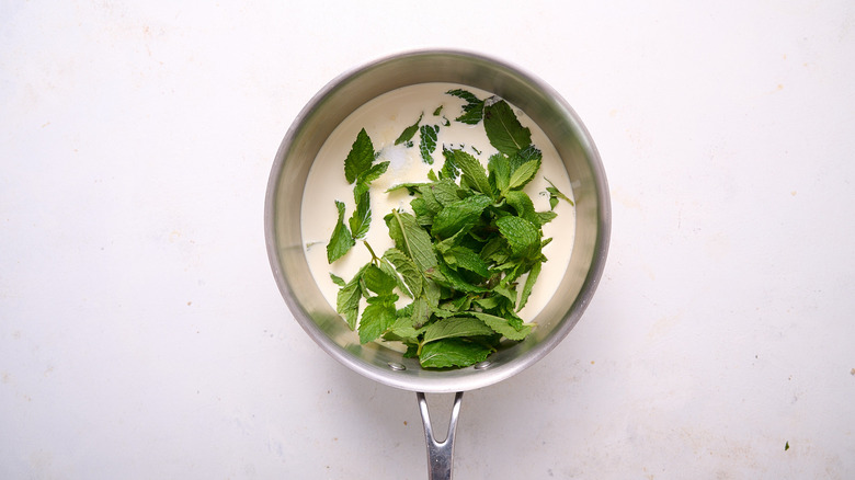 cream and mint in a saucepan