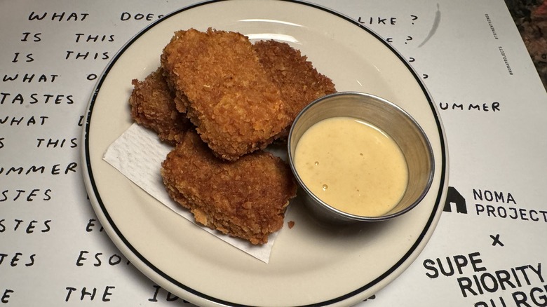 tofu nuggets with corn yuzu hot sauce, Noma Projects x Superority Burger