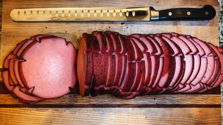 Overview of sliced smoked bologna