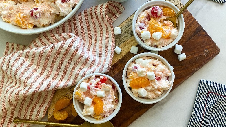 ambrosia salad in white bowls