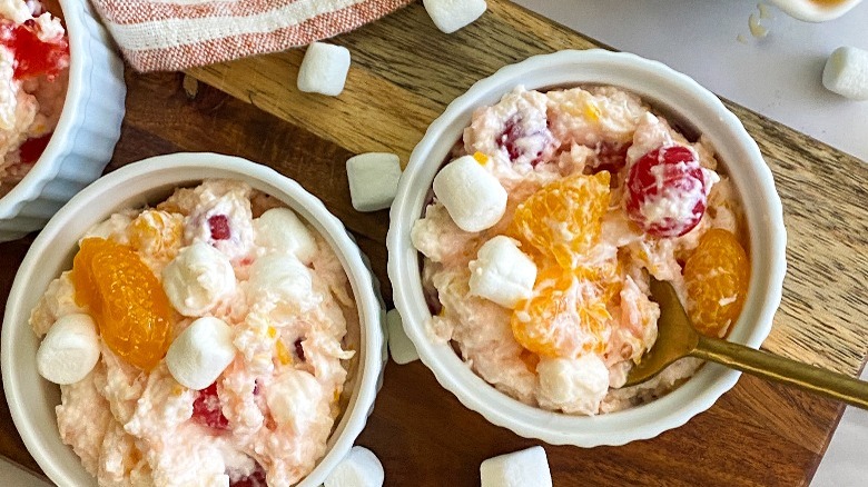 ambrosia salad in white bowls