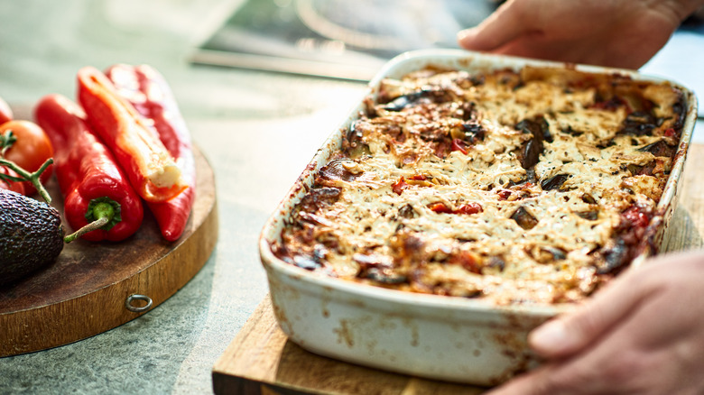 Tray of vegan lasagna with peppers