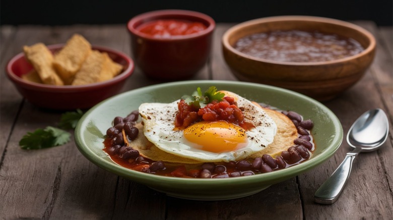 Huevos rancheros with beans, salsa, chips