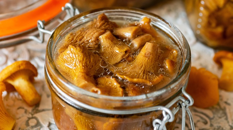 pickled chanterelle mushrooms in glass jar