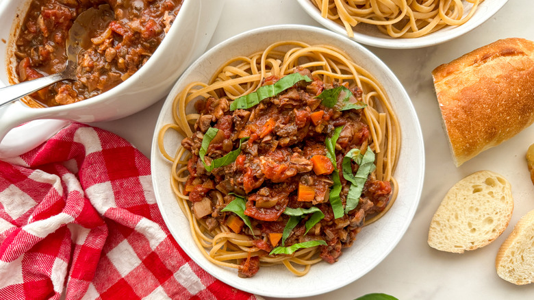 mushroom bolognese pasta in a bowl