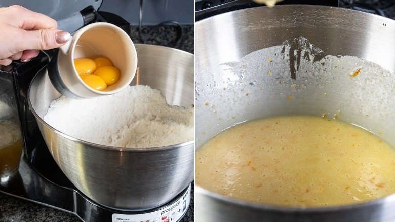 pouring eggs into stand mixer bowl