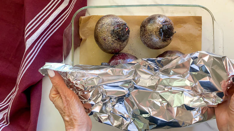covering beets with foil