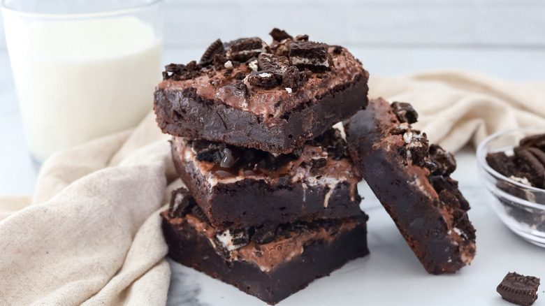 frosted brownies with Oreo chunks