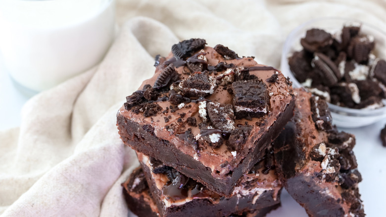 frosted brownies with Oreo chunks