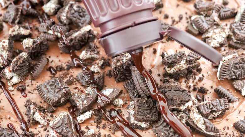 frosted brownies with Oreo chunks