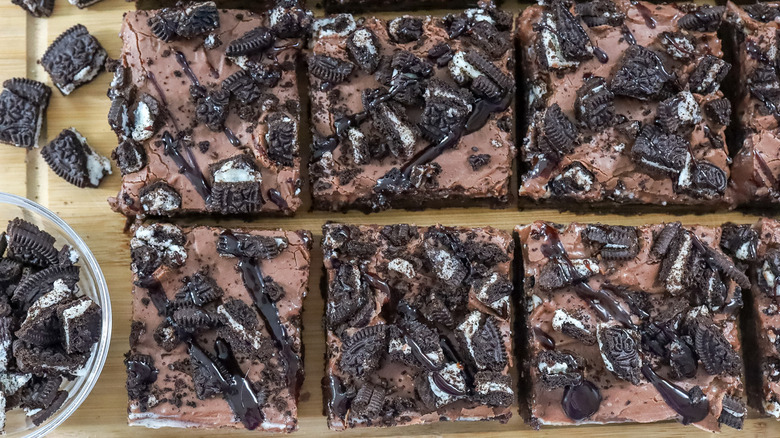 frosted brownies with Oreo chunks