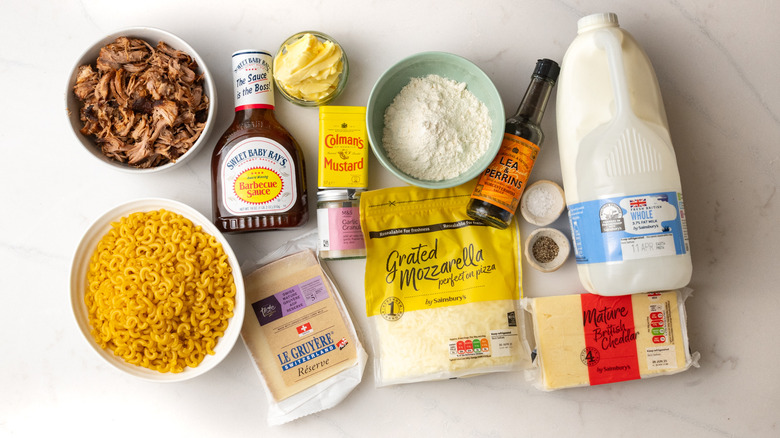 Pork mac and cheese ingredients aerial view