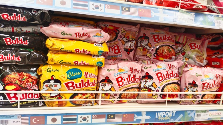 Grocery store display of Buldak instant ramen