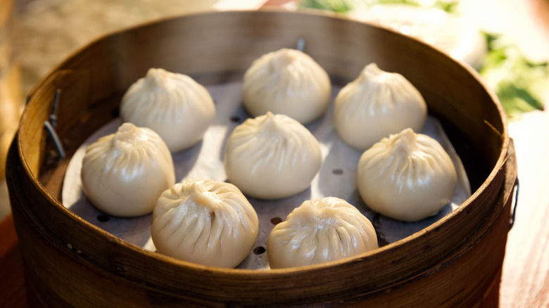 Dumplings in steamer basket 