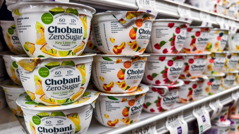 A shelf full of Chobani Zero Sugar yogurt cartons in a supermarket