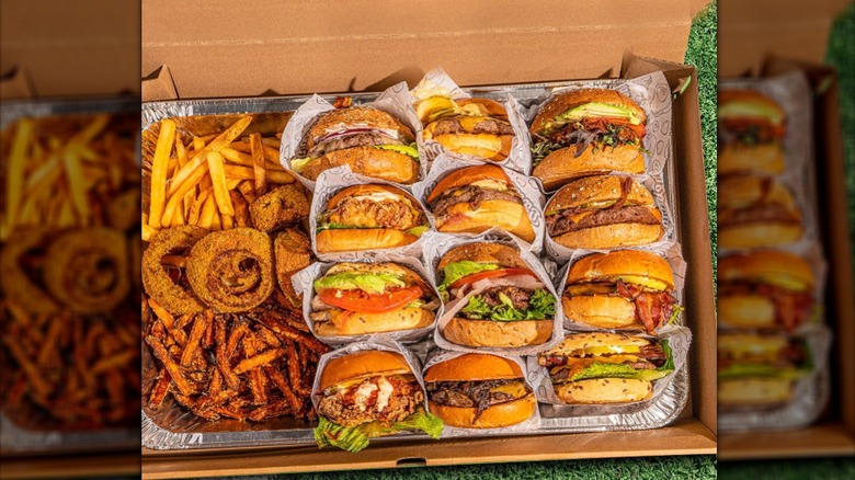 Burgers, fries, and onion rings from Bareburger