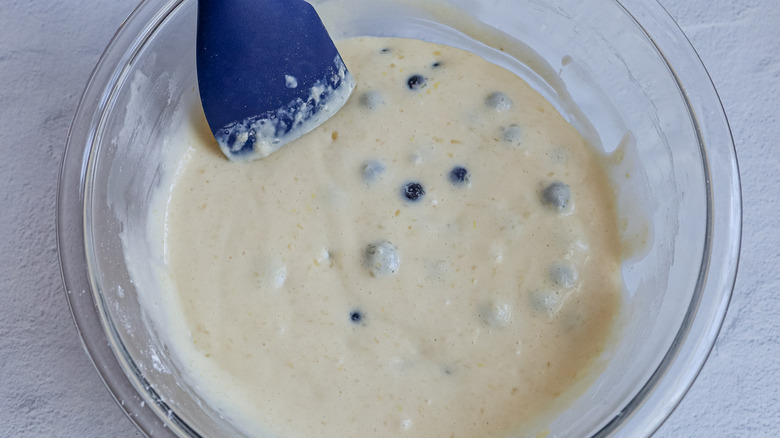 blueberry pancake batter in bowl