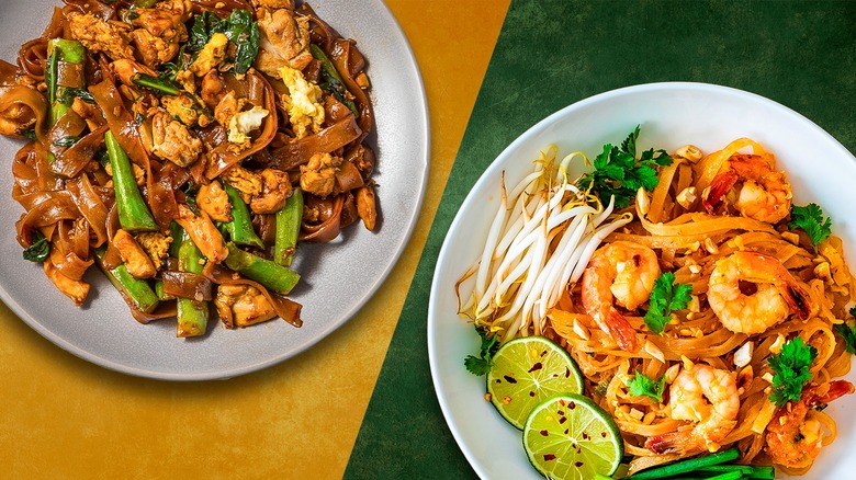 A plate of chicken pad see ew on the left, a plate of shrimp pad Thai on the right