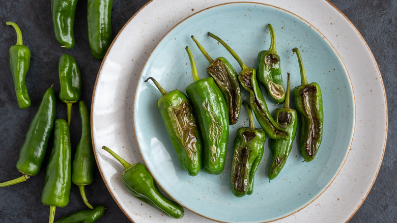 cooked Padrón peppers on a plate