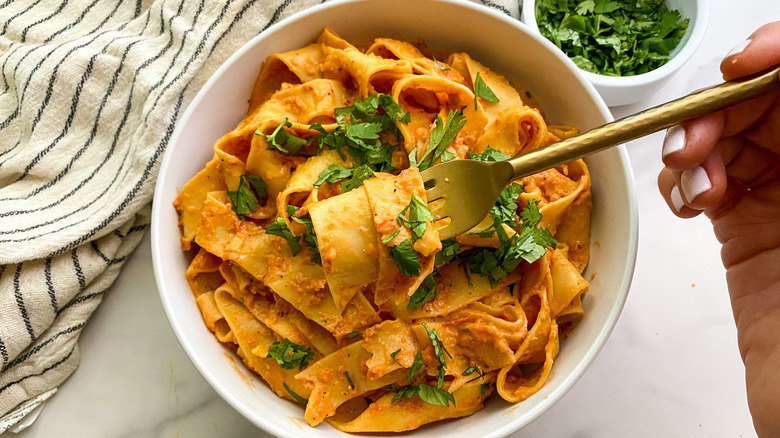 Bowl of pasta and fork