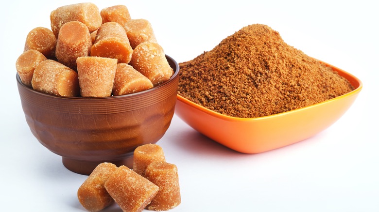 Jaggery sugar cubes and granules