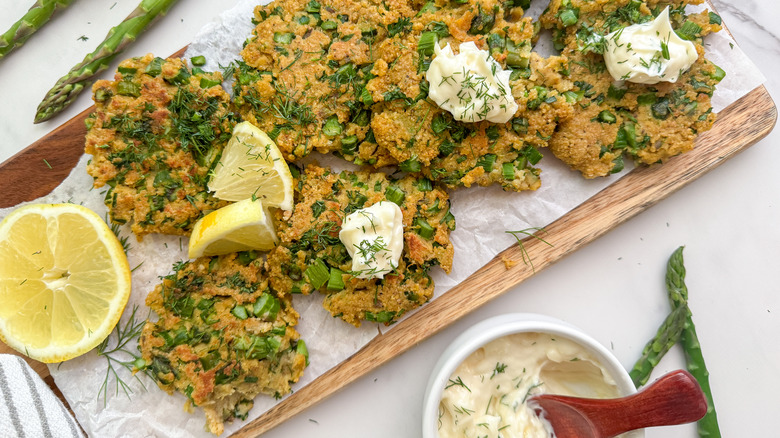 fritters on tray with sauce