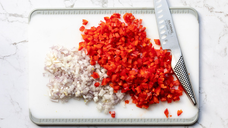 chopped bell pepper and shallots