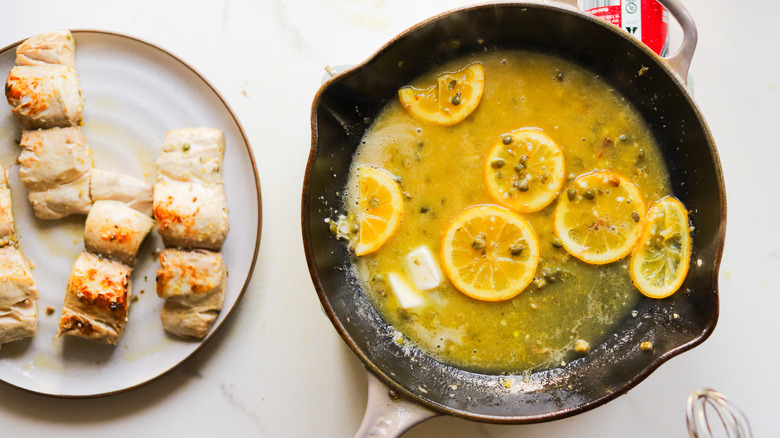 Pan with lemon caper sauce