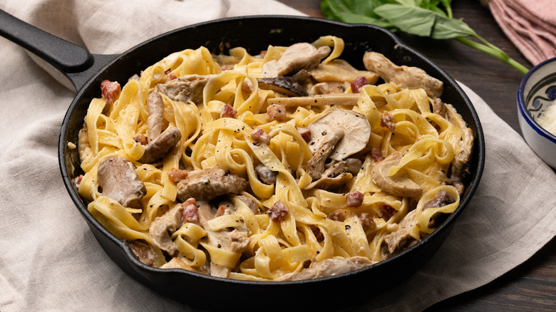 pancetta mushroom pasta in bowl