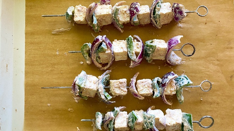 paneer and vegetables on skewers