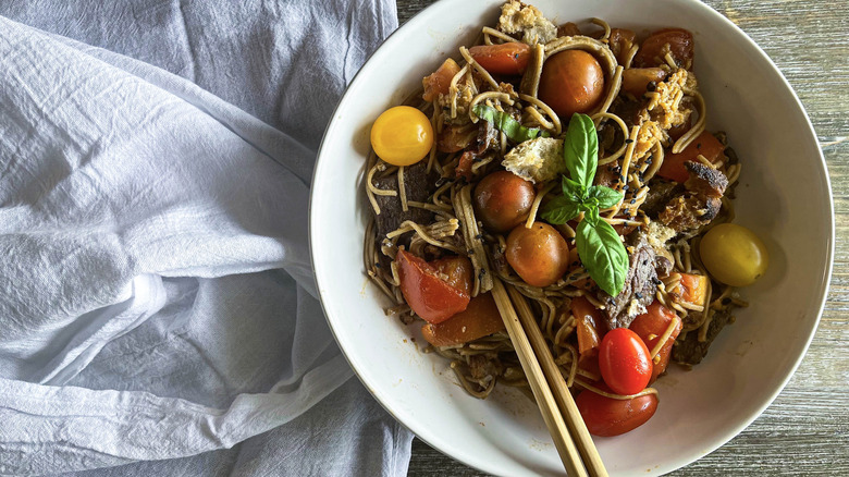 panzanella noodle salad in bowl