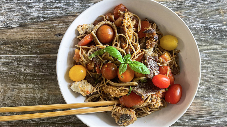 panzanella noodle salad in bowl