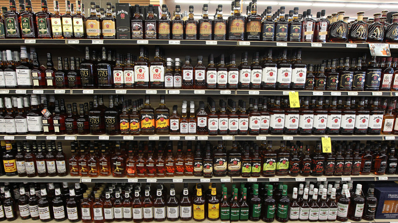 Bourbon shelves at liquor store