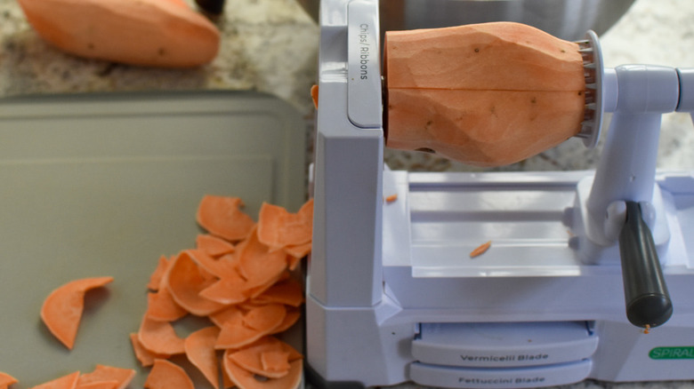 slicing sweet potatoes