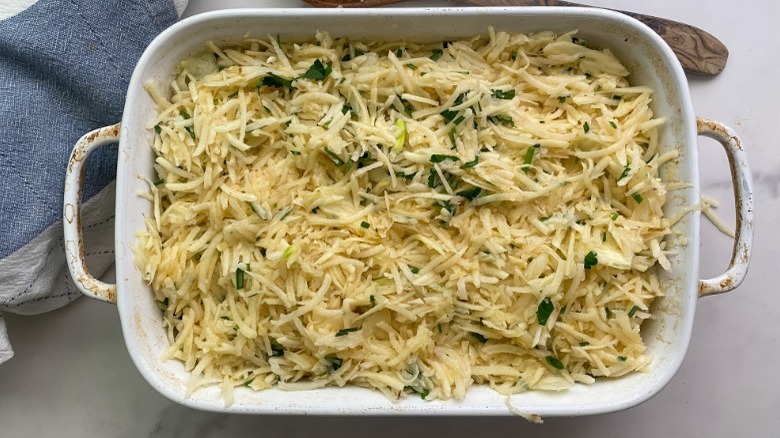 kugel in white baking dish before cooking