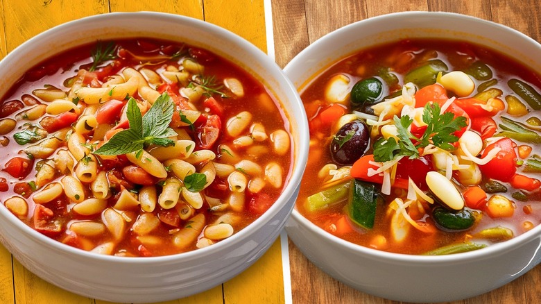 Pasta e fagioli and minestrone soup side by side comparison