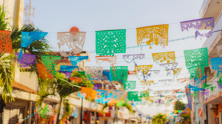 colorful flags in Mexican town