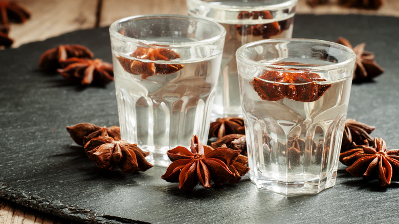 anise seeds, three glasses with pastis and anise seeds on board