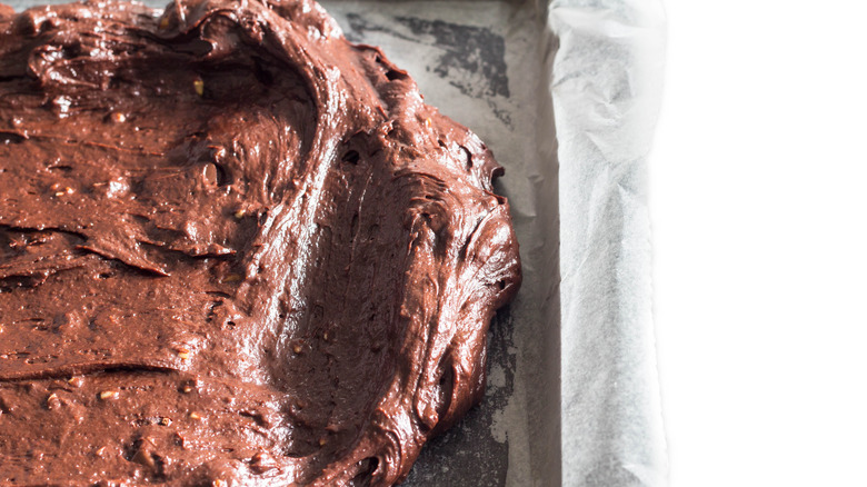 Brownie batter in pan