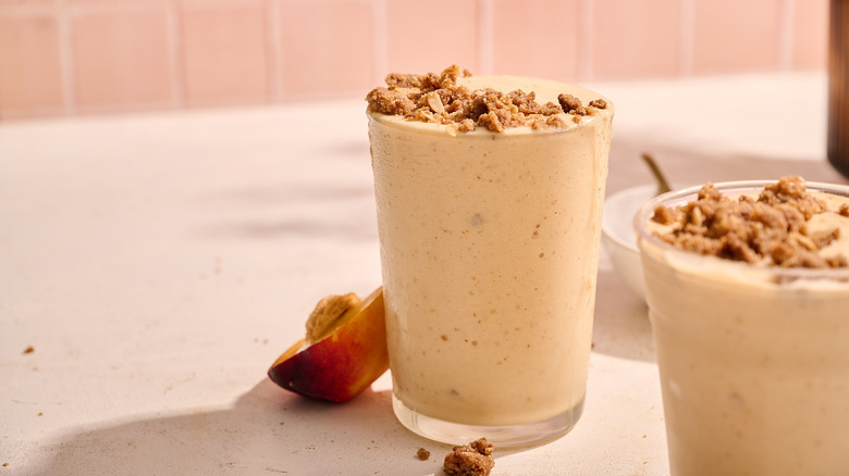 peach cobbler smoothie on table