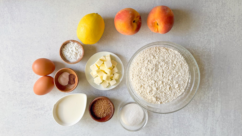 Peaches and cream scones ingredients on countertop